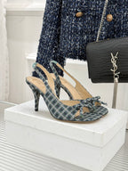 Dior blue plaid slingback heels with bow and pointed toe