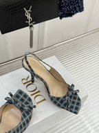 Dior blue plaid slingback heels with bow detail and thin stiletto heel