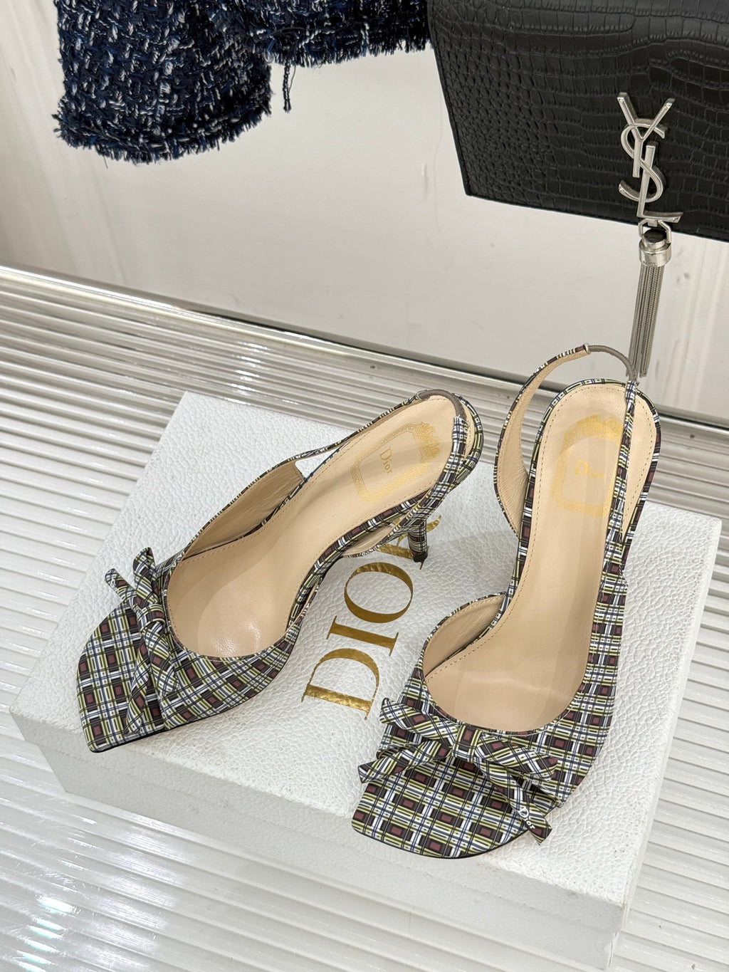 Women’s plaid slingback heeled sandals with open toe and beige insole