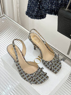 Women’s plaid heeled slingback sandals with knot detail and slim stiletto heels