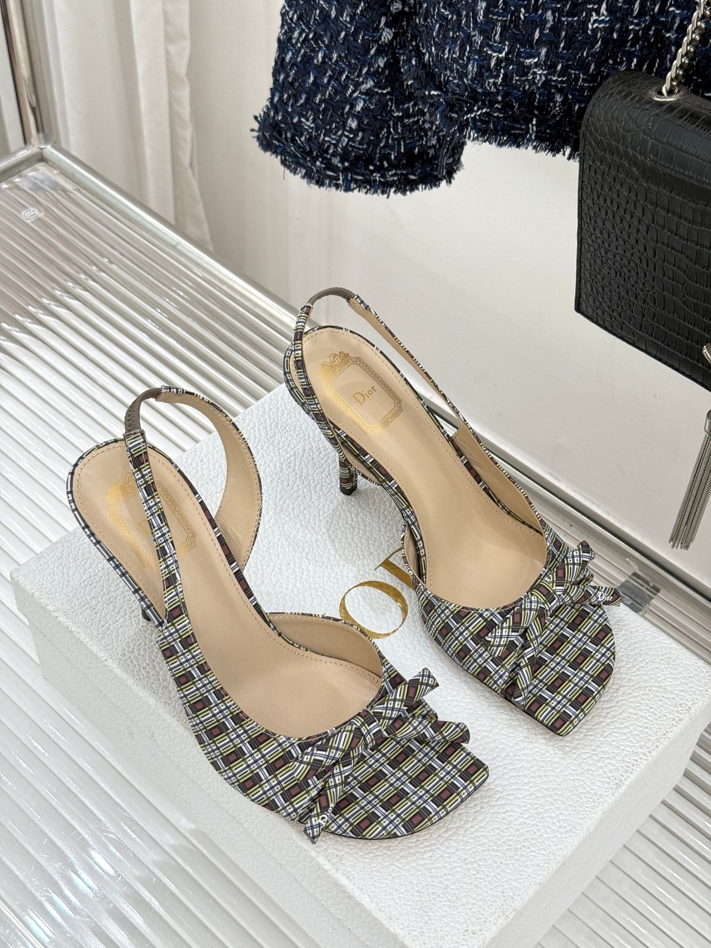 Women’s plaid heeled slingback sandals with knot detail and slim stiletto heels