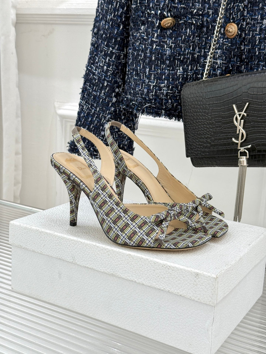 Women’s heeled slingback sandals with plaid fabric uppers and slim stiletto heels