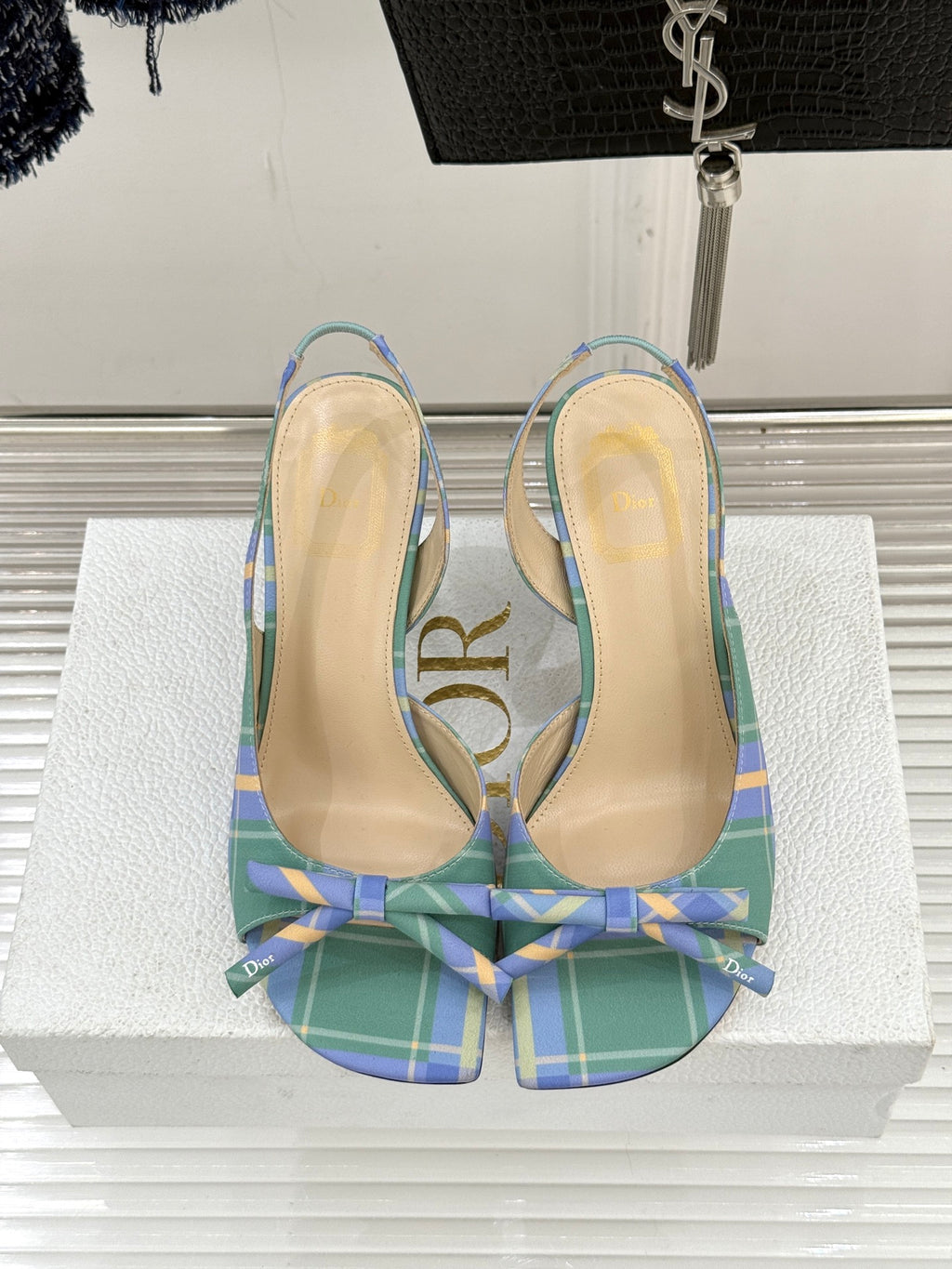 Dior plaid heeled sandals with open toe, blue-green checks, tied bow across front