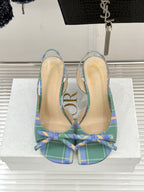 Dior plaid heeled sandals with open toe, blue-green checks, tied bow across front