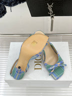 Dior plaid heeled sandals with blue-green checks and bow detail