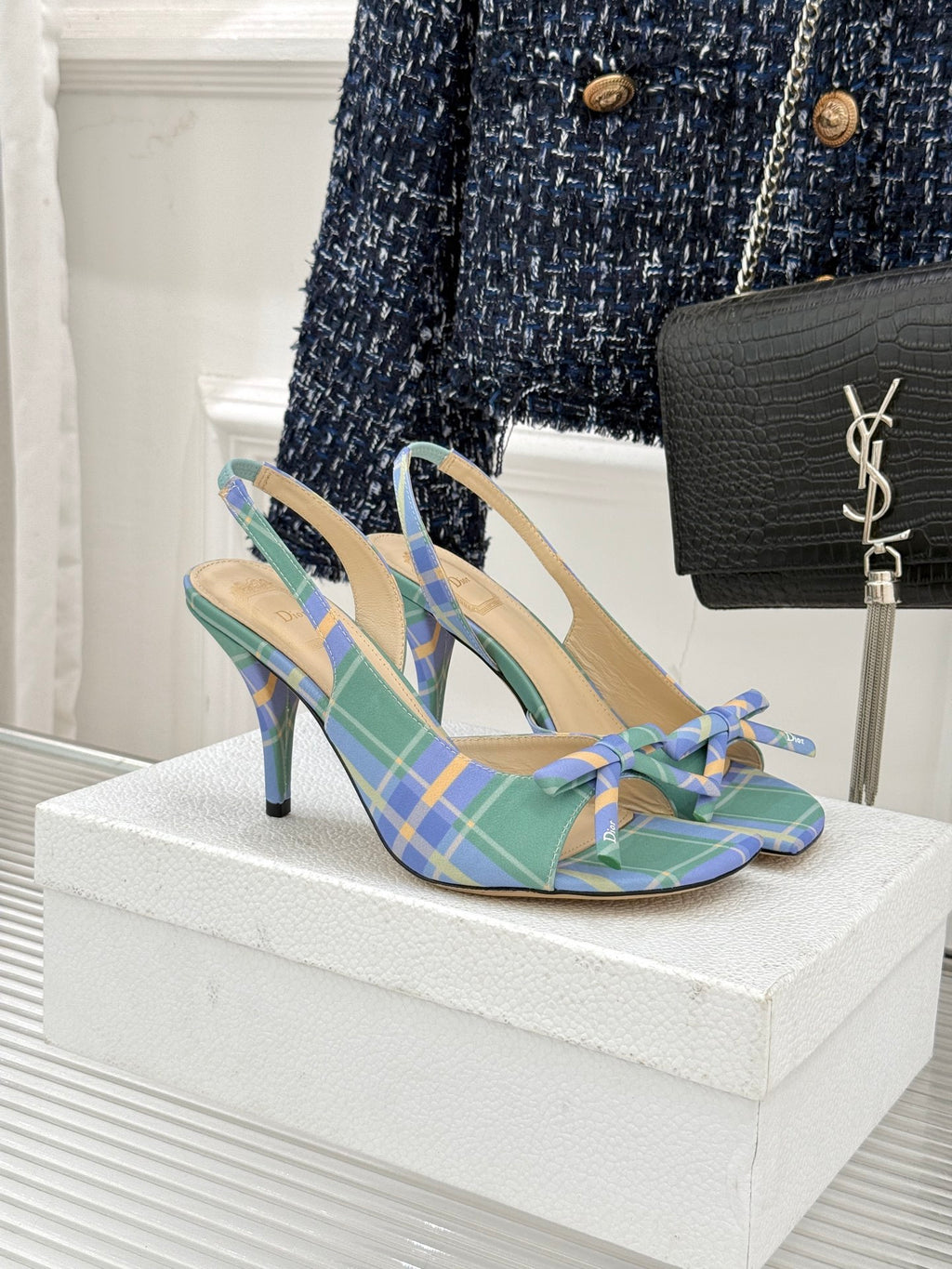Dior plaid heeled sandals with blue-green checks, bow at toe, slingback strap