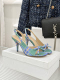 Dior plaid heeled sandals with blue-green checks, bow at toe, slingback strap