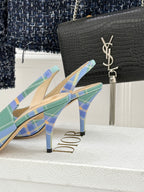 Dior plaid heeled sandals with blue-green tartan straps and slim heel