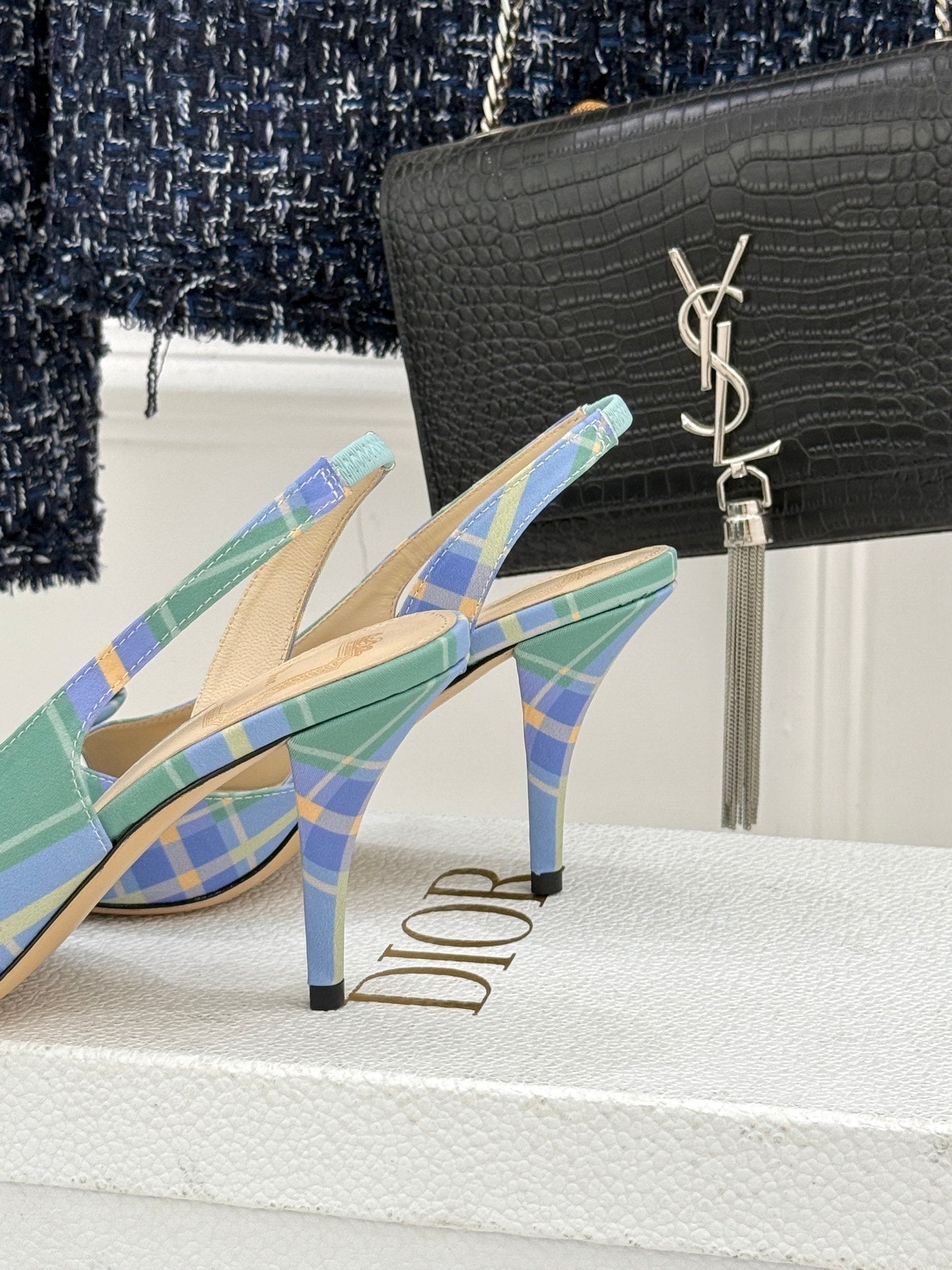 Dior plaid heeled sandals with blue-green tartan straps and slim heel