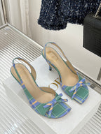 Dior plaid heeled sandals with blue-green tartan pattern and knotted bow detail