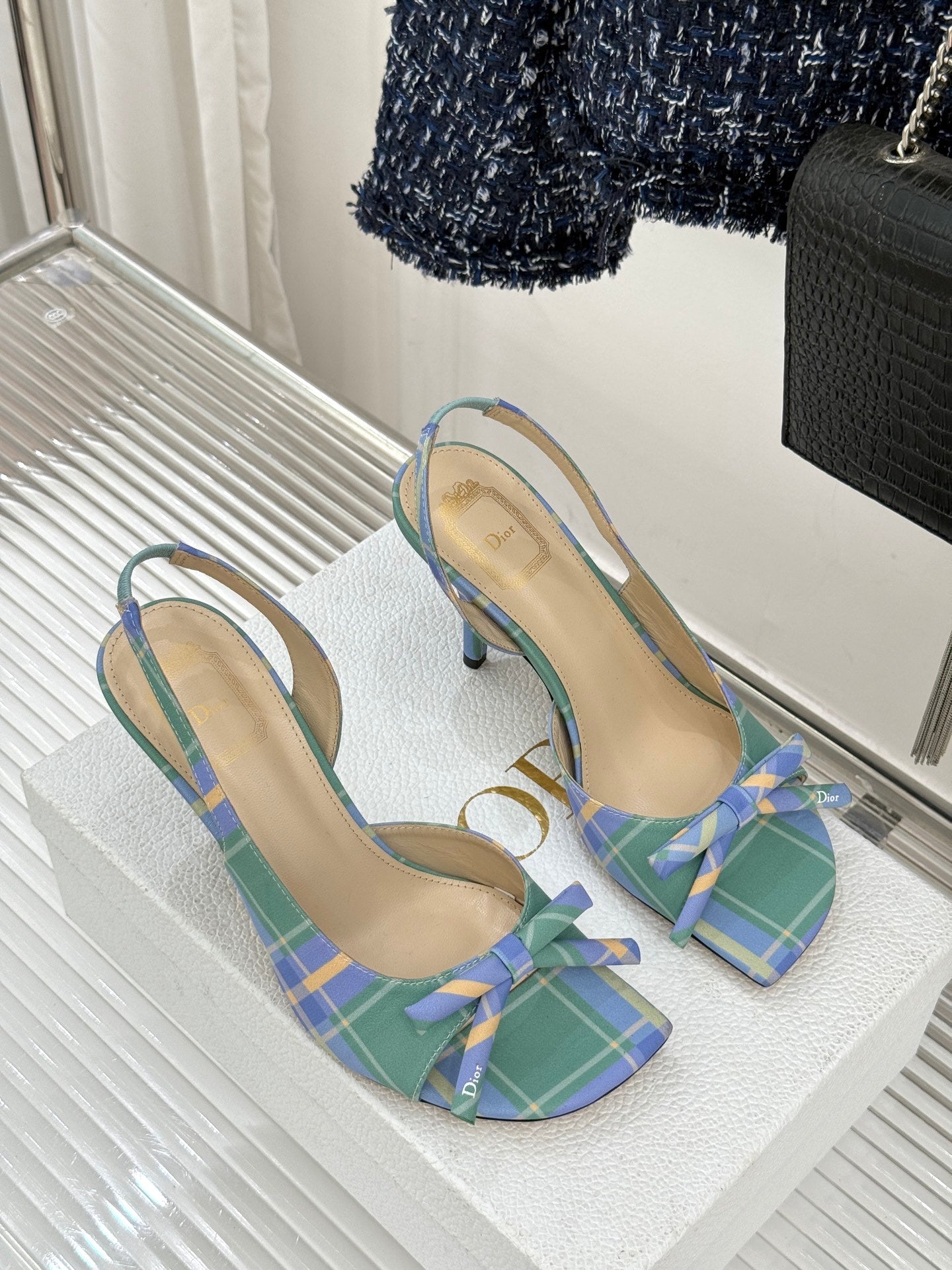 Dior plaid heeled sandals with blue-green tartan pattern and knotted bow detail
