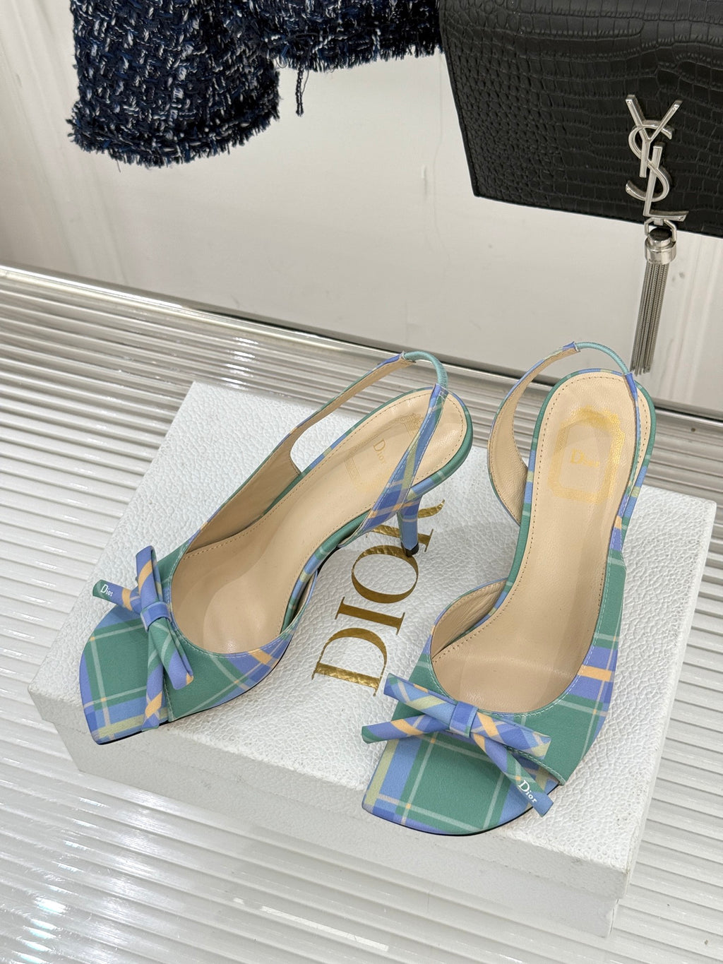 Dior plaid slingback heeled sandals with ribbon bow and open toe