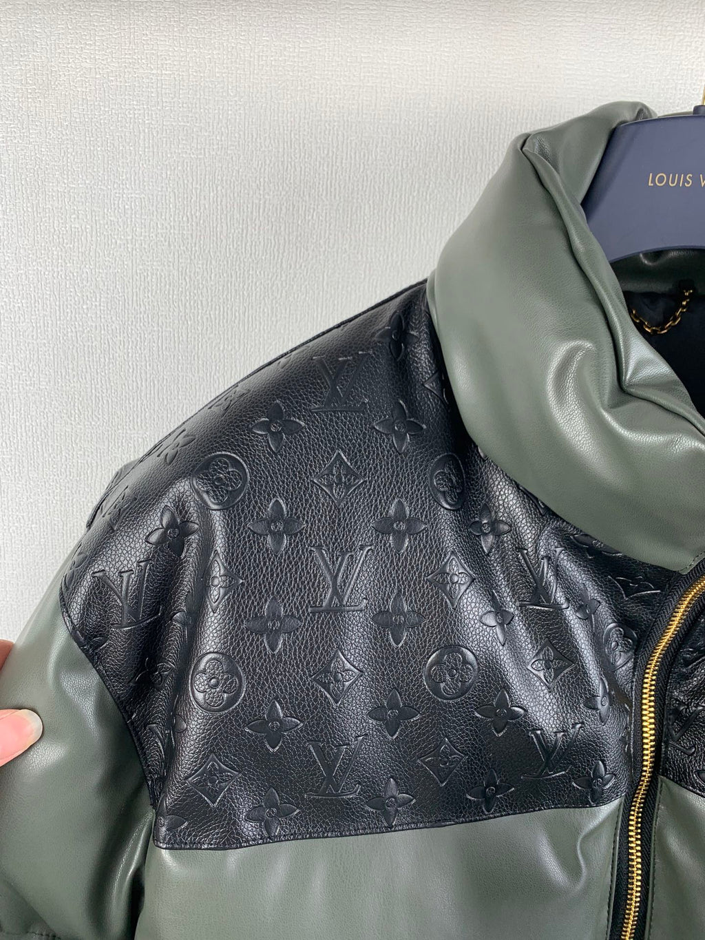 Louis Vuitton two-tone puffer jacket, raised collar and monogram shoulder panel