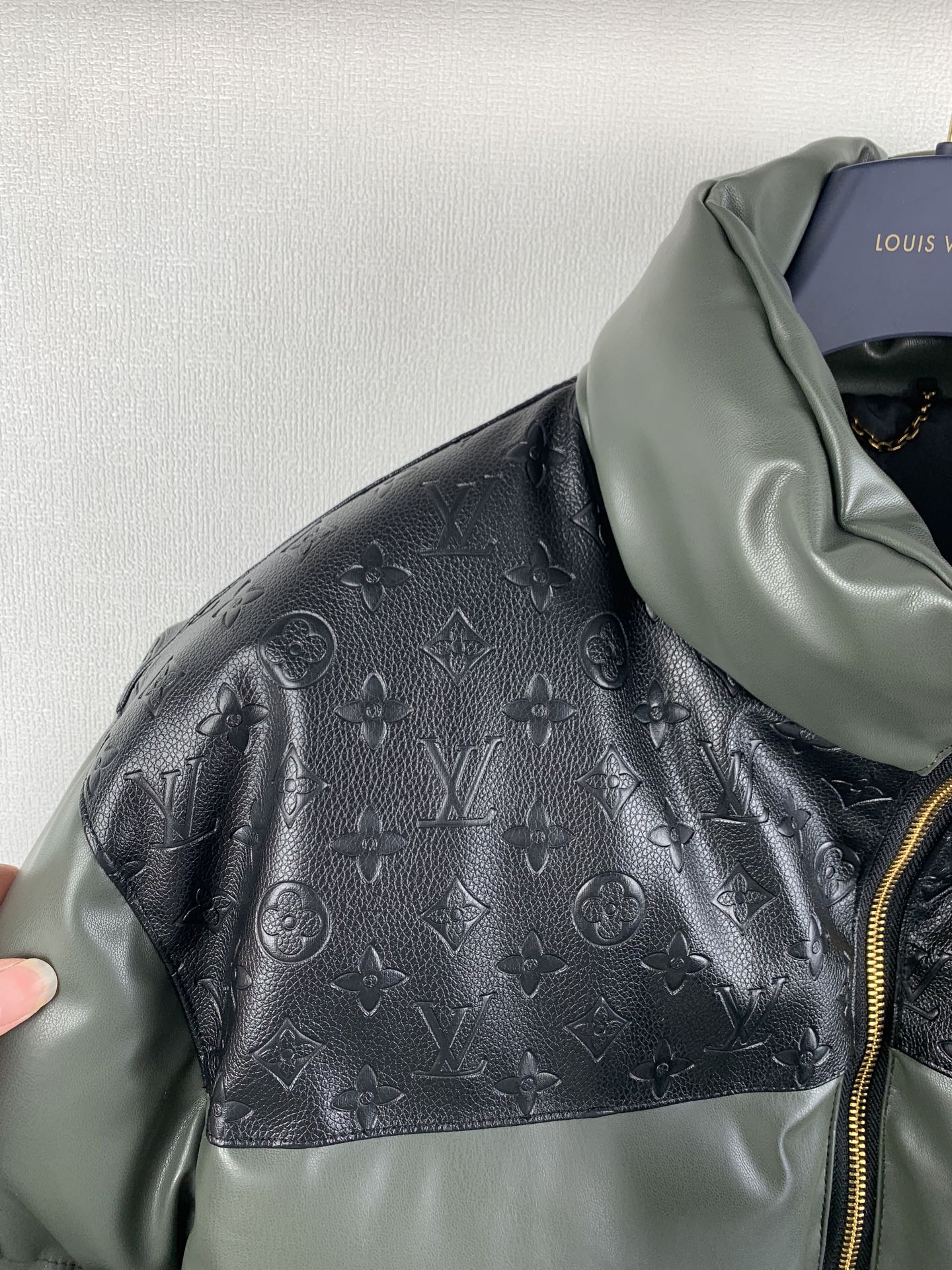 Louis Vuitton two-tone puffer jacket, raised collar and monogram shoulder panel