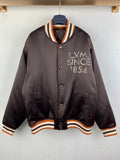 Louis Vuitton bomber jacket, dark satin, striped ribbed collar and cuffs, snap front