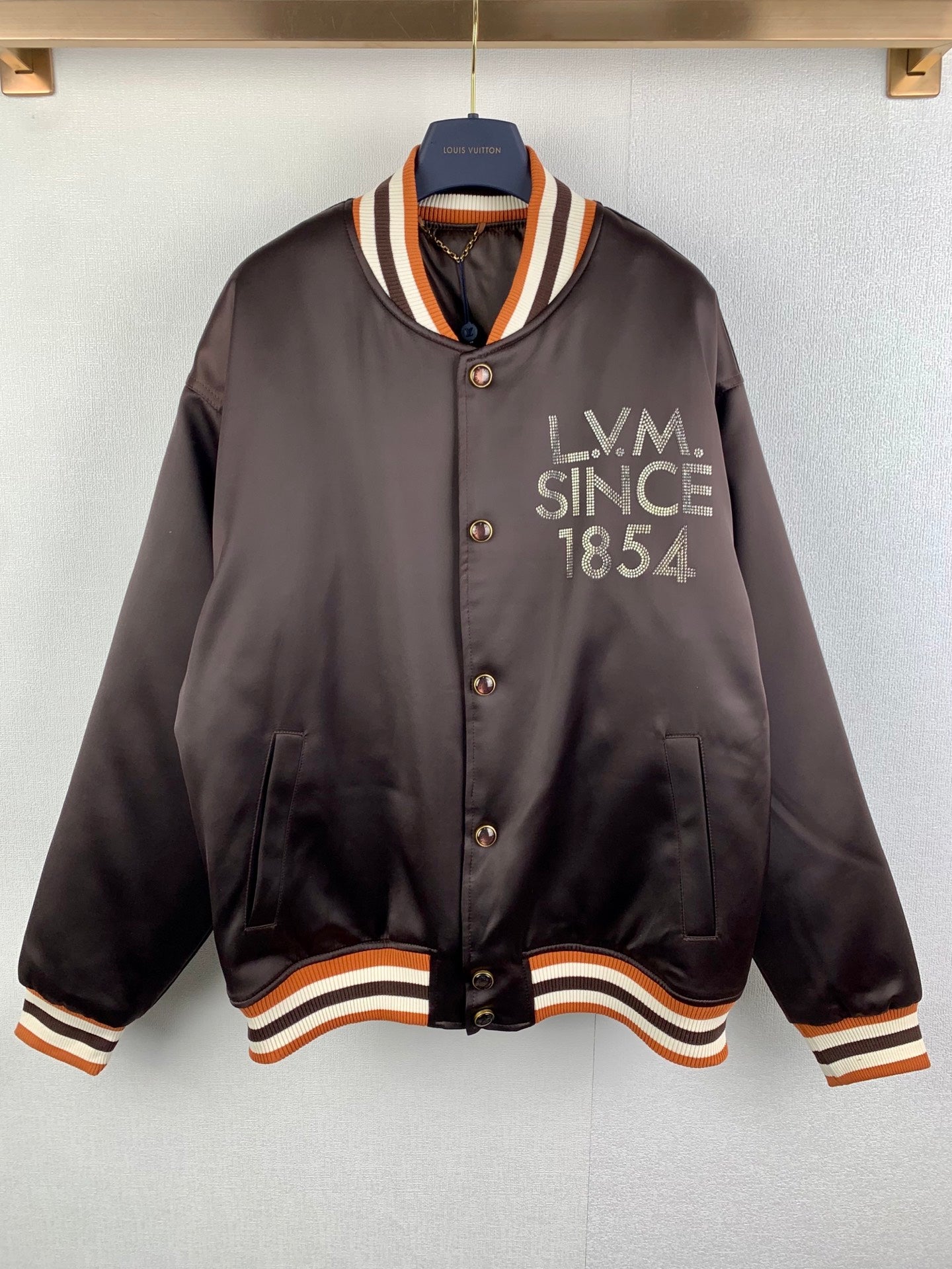 Louis Vuitton bomber jacket, dark satin, striped ribbed collar and cuffs, snap front