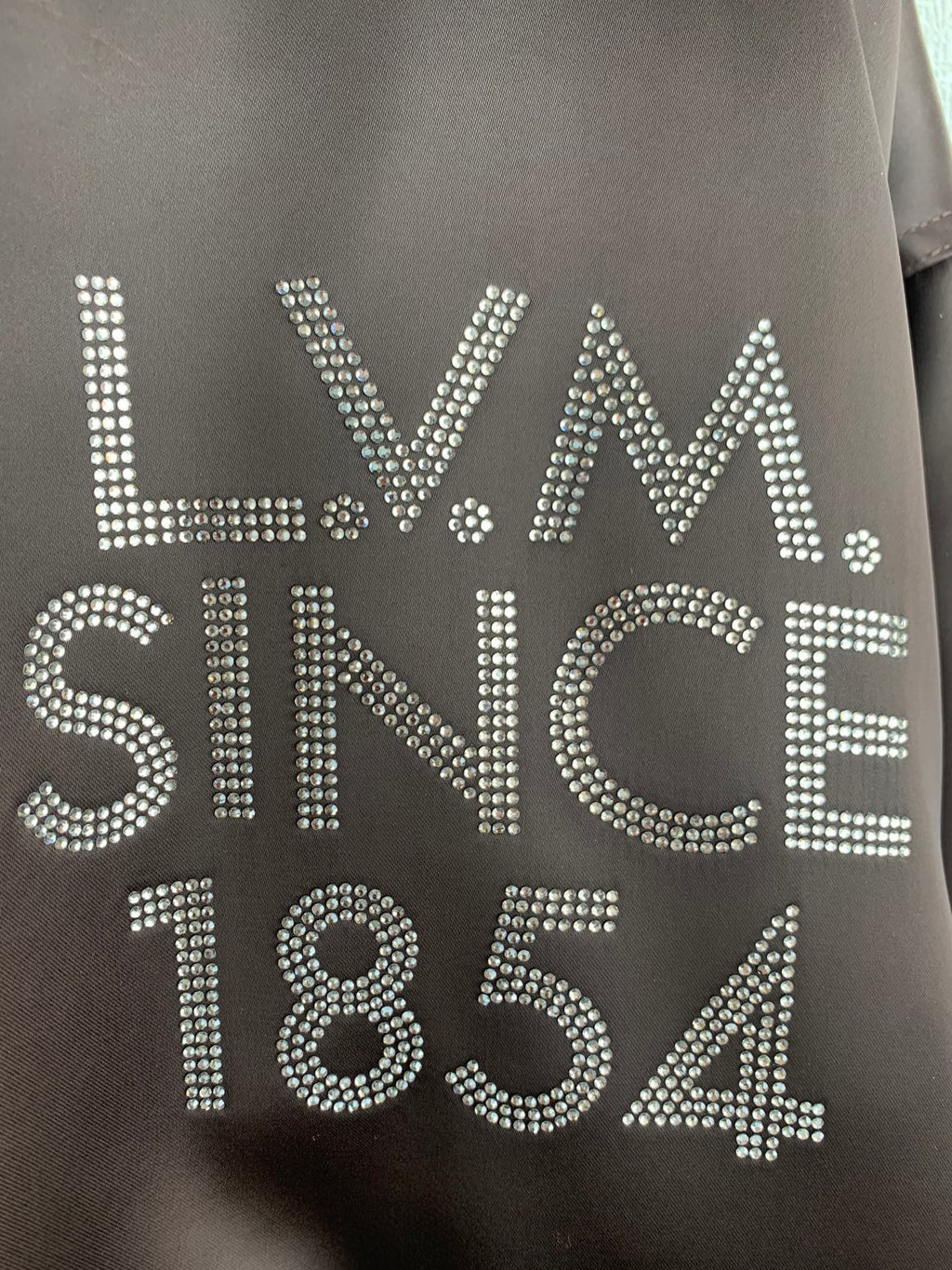 Louis Vuitton bomber jacket back, dark satin with rhinestone LV SINCE 1854 lettering