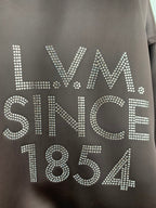 Louis Vuitton bomber jacket back, dark satin with rhinestone LV SINCE 1854 lettering