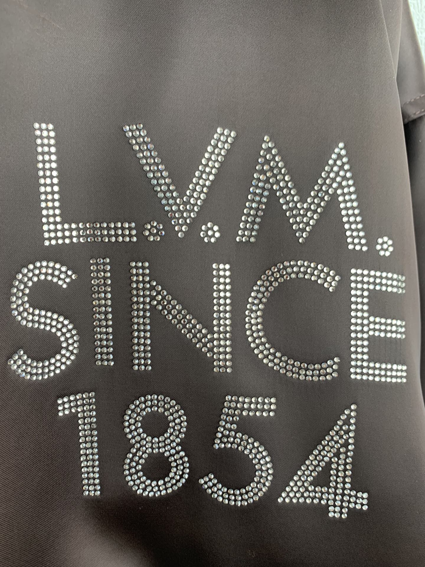 Louis Vuitton bomber jacket back, dark satin with rhinestone LV SINCE 1854 lettering