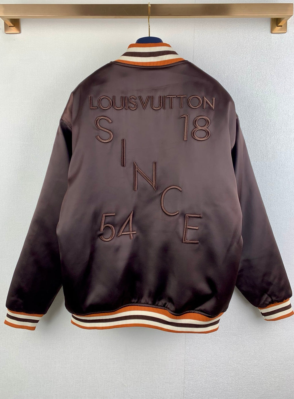 Louis Vuitton bomber jacket back, dark satin with embroidered LOUIS VUITTON and S18