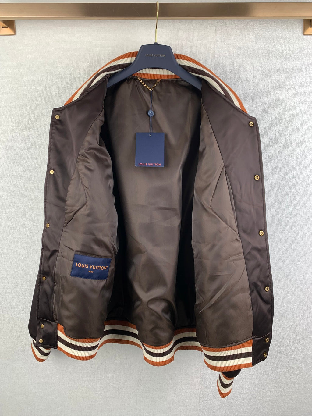 Long jacket with snap buttons, satin lining, striped rib trim, Louis Vuitton