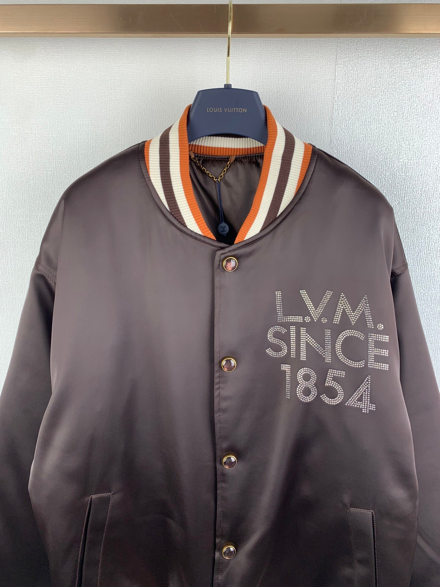 Louis Vuitton bomber jacket, dark satin, striped ribbed collar, LVNCI 1854 logo