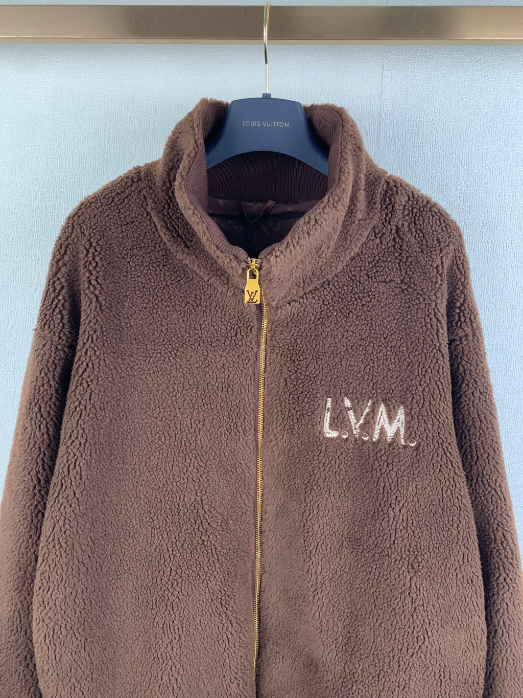 Louis Vuitton long brown teddy-fleece zip jacket with gold zipper and LVM logo