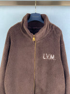 Louis Vuitton long brown teddy-fleece zip jacket with gold zipper and LVM logo