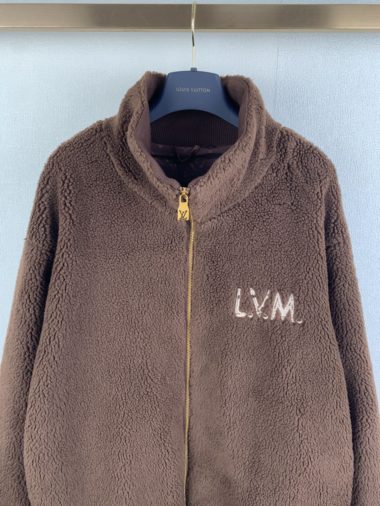Louis Vuitton long brown teddy-fleece zip jacket with gold zipper and LVM logo