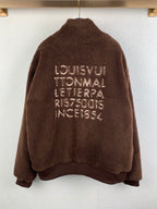 Louis Vuitton long brown teddy-fleece zip jacket with large back text graphic