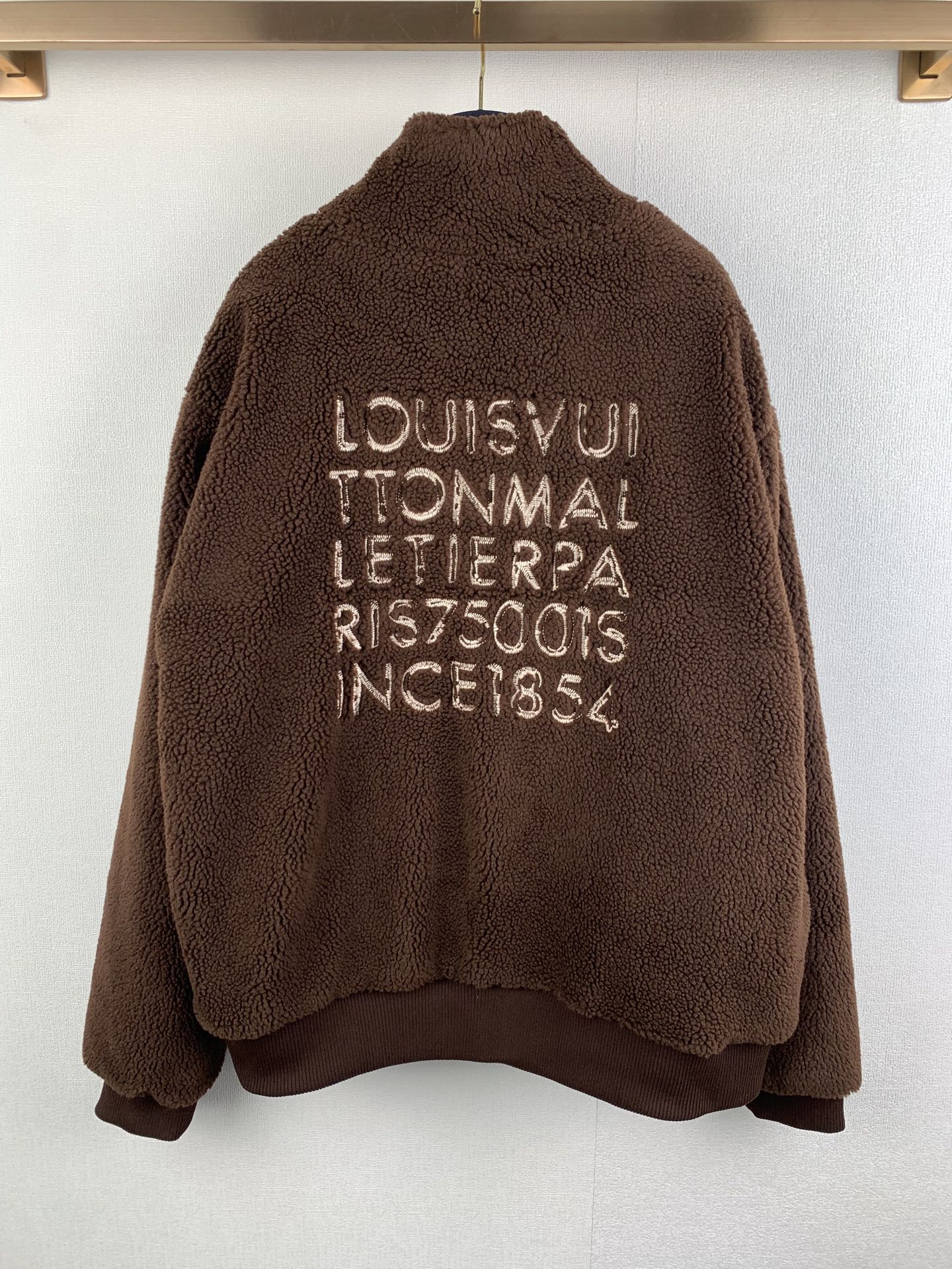 Louis Vuitton long brown teddy-fleece zip jacket with large back text graphic