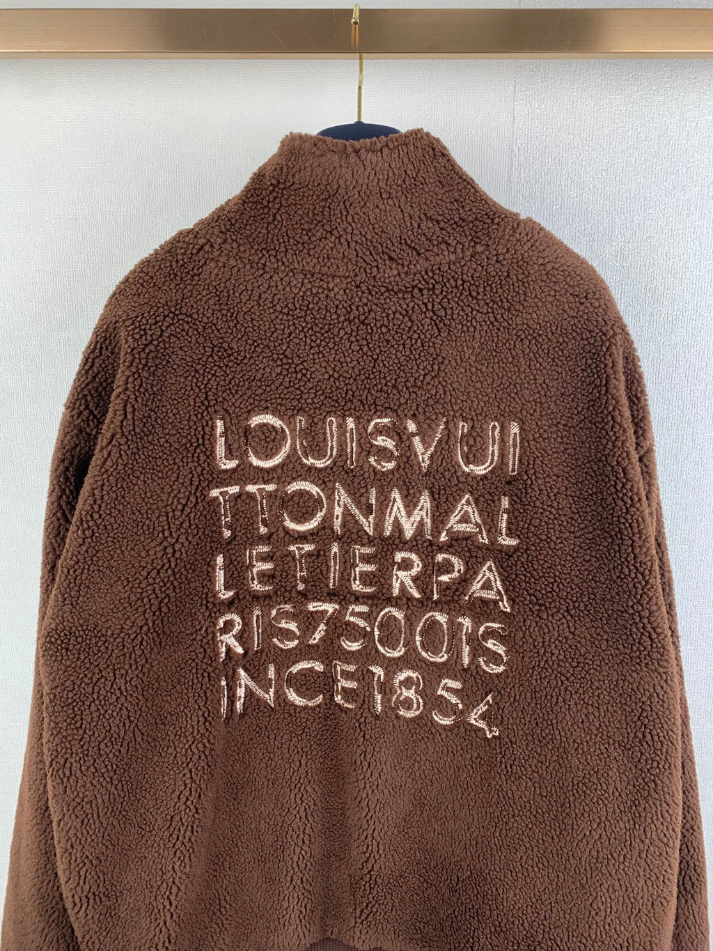 Louis Vuitton long brown teddy-fleece zip jacket with white back embroidery text