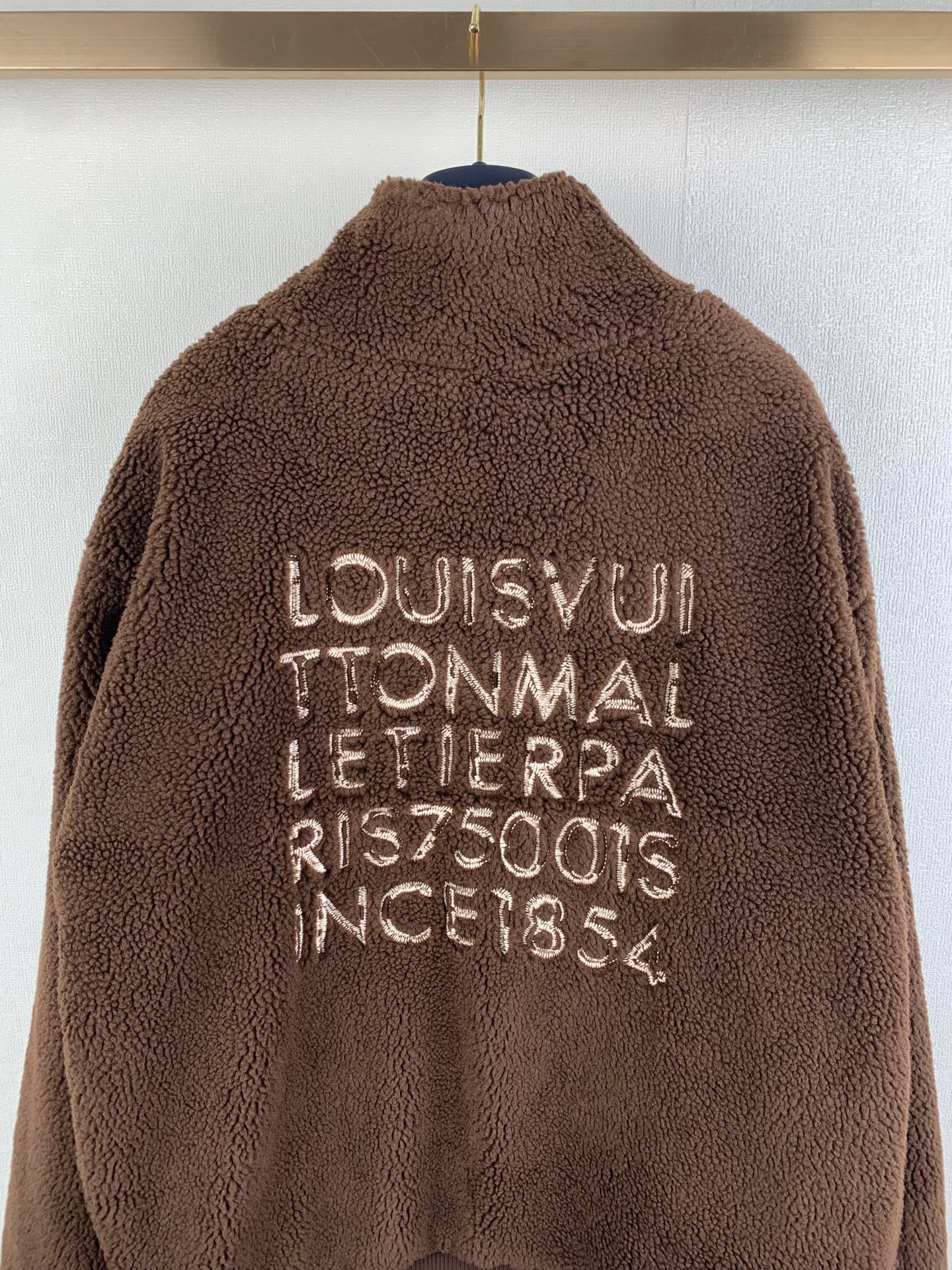 Louis Vuitton long brown teddy-fleece zip jacket with white back embroidery text