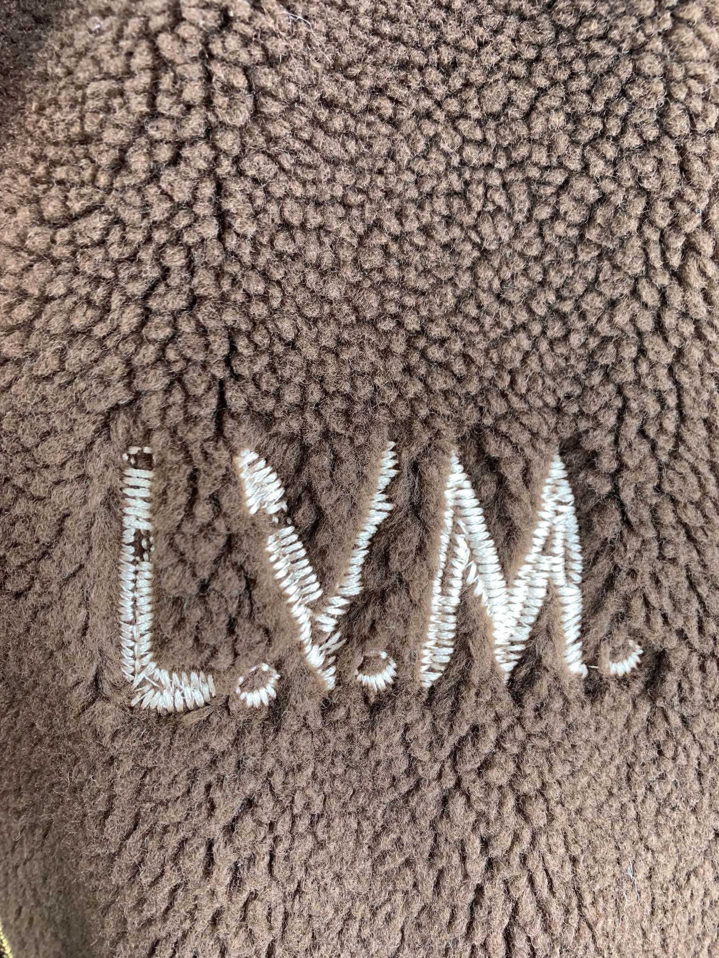 Louis Vuitton long brown teddy-fleece jacket front with white LVM logo embroidery