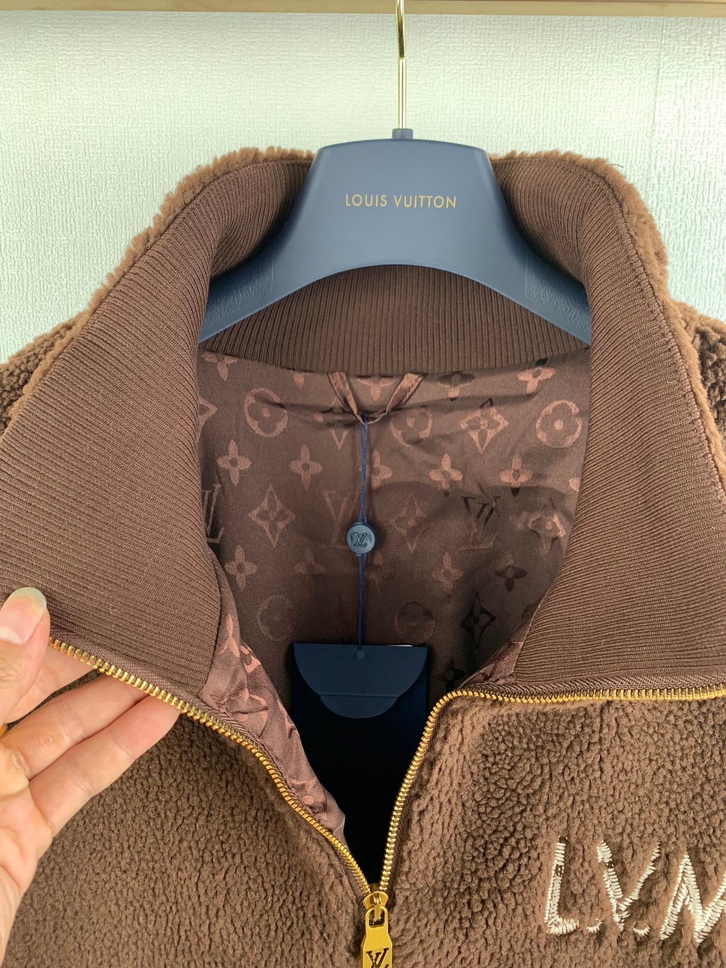 Louis Vuitton long jacket open front with inner print and gold zipper pull