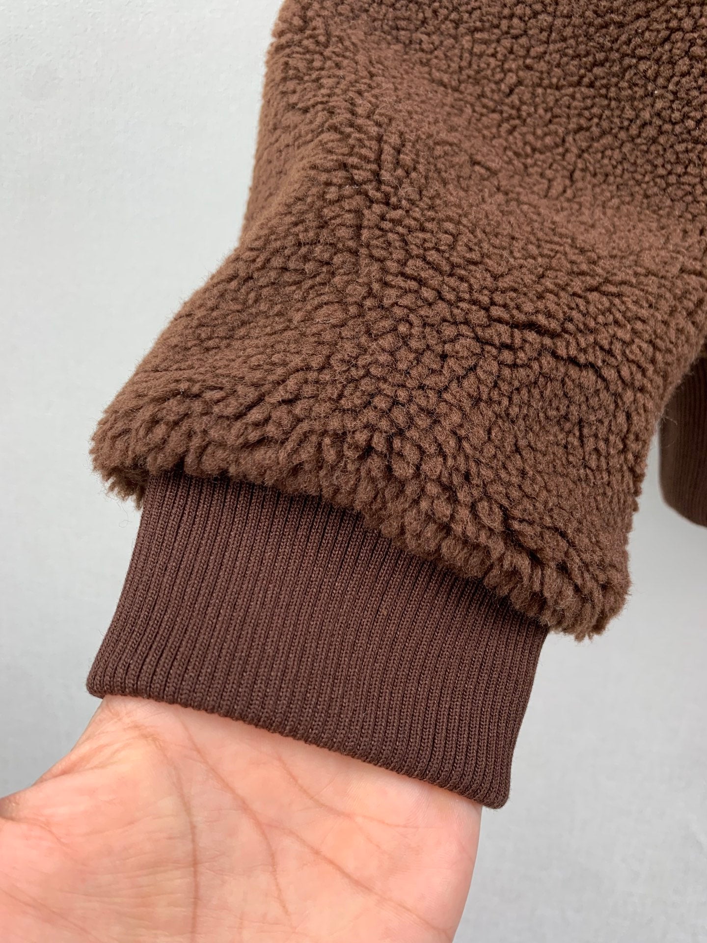 Louis Vuitton long brown teddy-fleece jacket sleeve cuff with ribbed hem