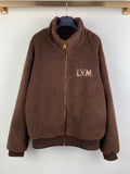 Louis Vuitton long brown teddy-fleece zip jacket with stand collar and gold zipper