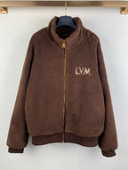 Louis Vuitton long brown teddy-fleece zip jacket with stand collar and gold zipper