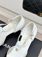 Chanel ladies slingback heels, white uppers with gold CC logo on sides