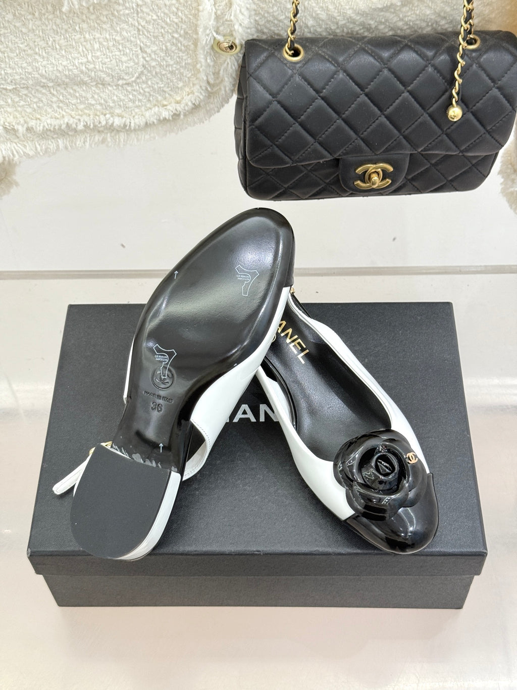 Black-and-white slingback pumps with rose toe detail on display box