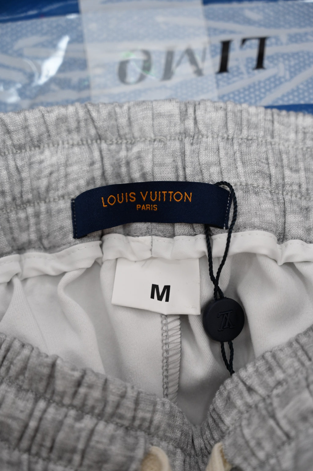 Louis Vuitton Paris size tag inside gray sweatpants waistband