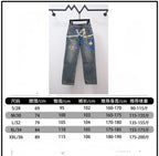 Denim pants size chart with waist, hip, and length measurements