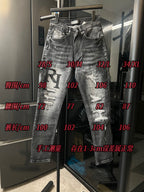 AMIRI distressed dark denim jeans with measurement text overlay on display