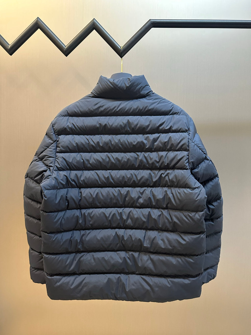 Ralph Lauren puffer jacket back view, navy blue horizontal quilting