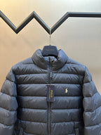 Ralph Lauren puffer jacket front view, navy blue, standing collar and zip