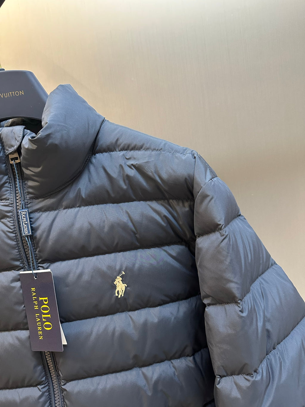 Ralph Lauren puffer jacket sleeve and chest logo, navy blue puffer quilting
