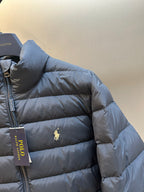 Ralph Lauren puffer jacket sleeve and chest logo, navy blue puffer quilting