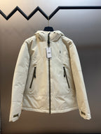 Light beige hooded jacket with full zip and front drawstring, two zip pockets