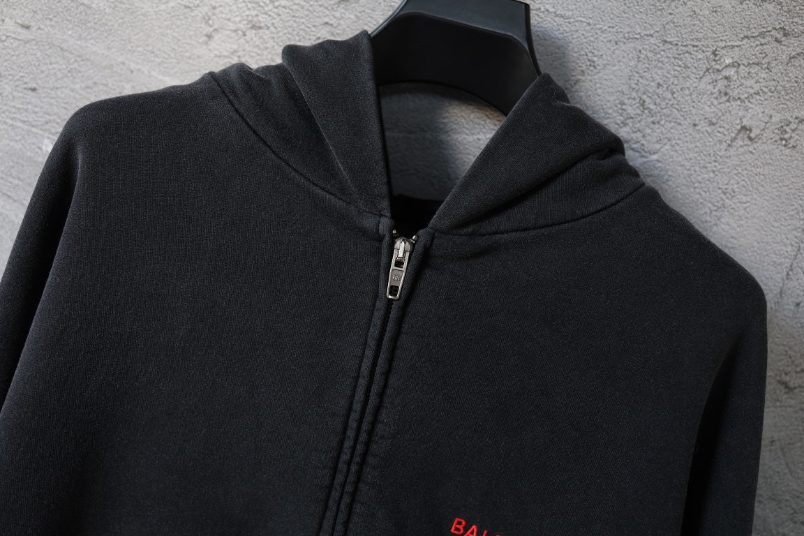 Black Balenciaga zip-up hoodie with hood and visible zipper