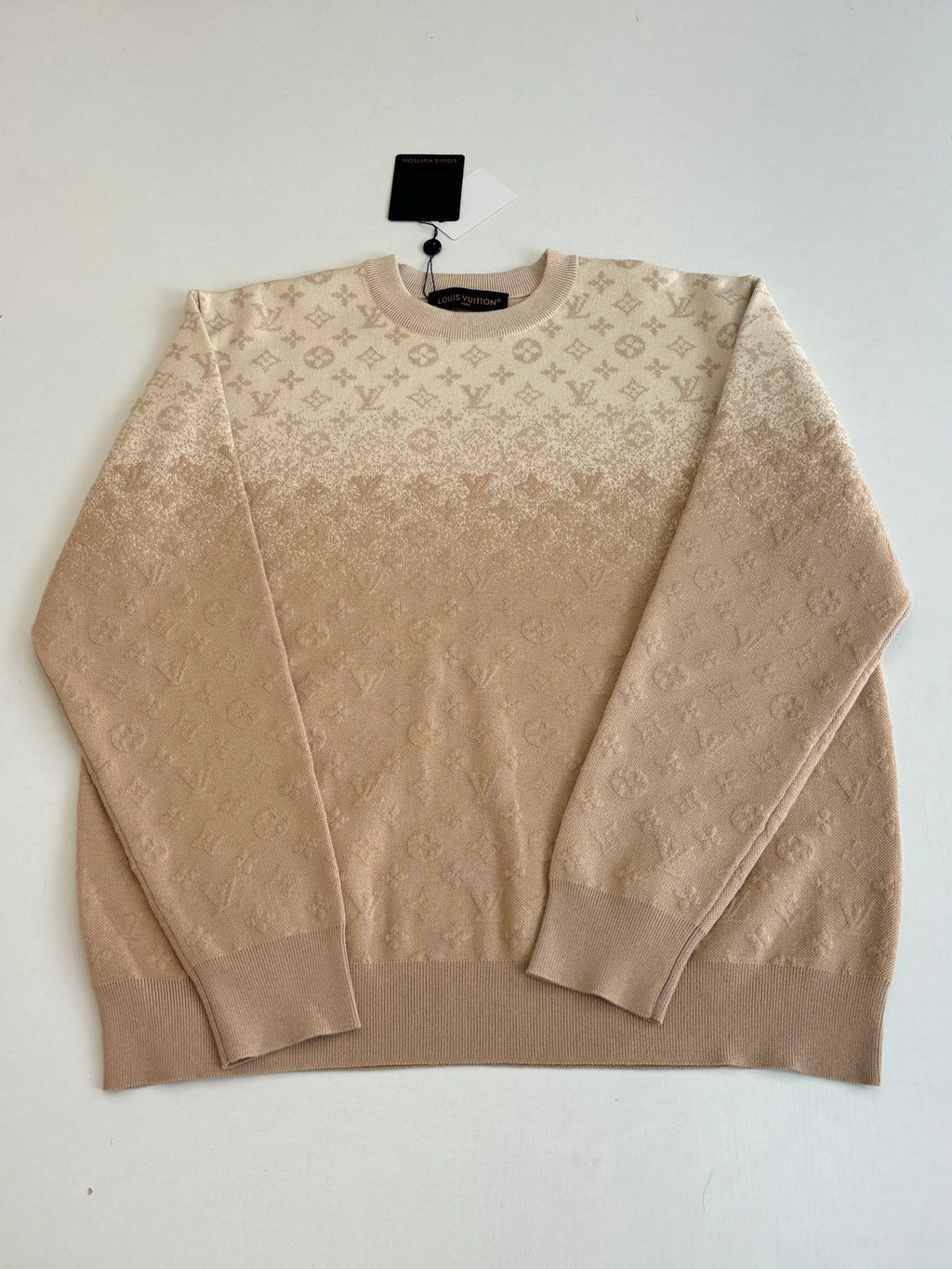 Light beige monogram crewneck sweater, front flat lay